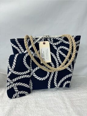 Navy Rope-Pattern Tote Bag with Natural Rope Handles